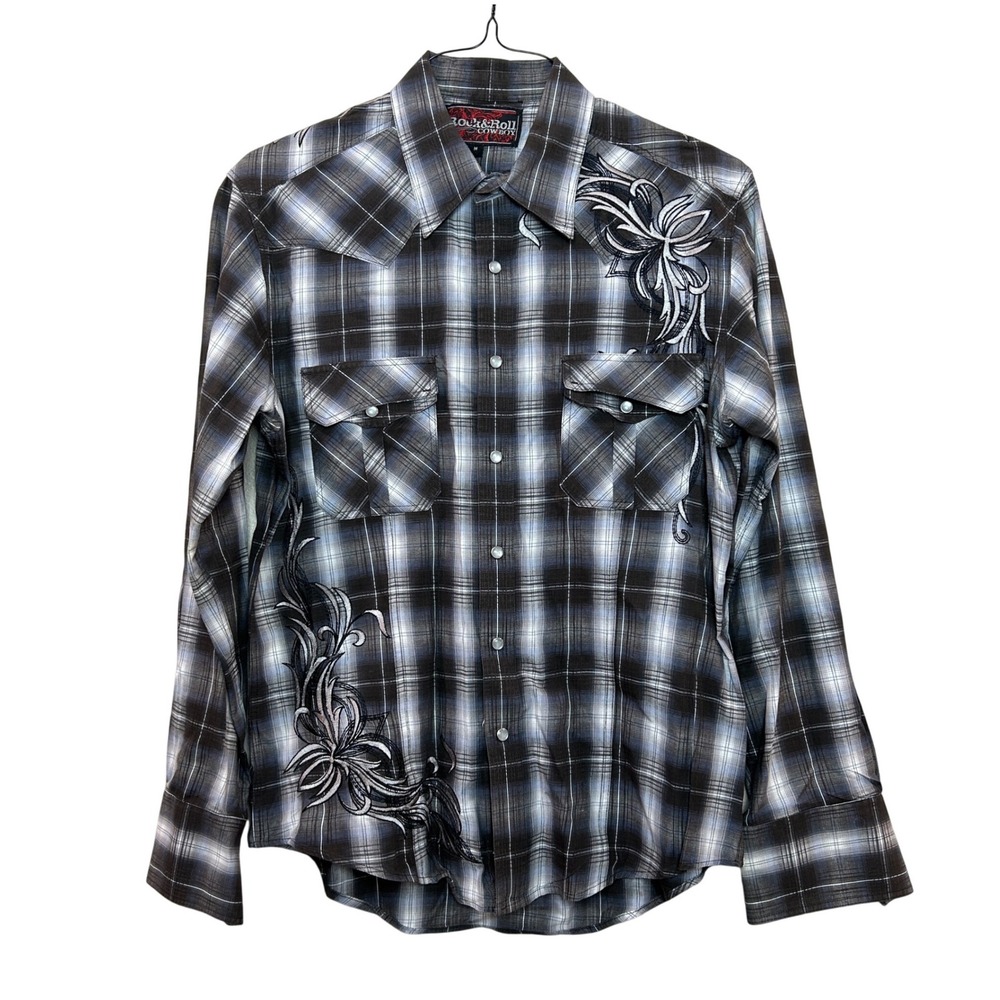 Rock & Roll Cowboy Western Shirt Mens M Black Gray Plaid Embroidered Pearl Snap